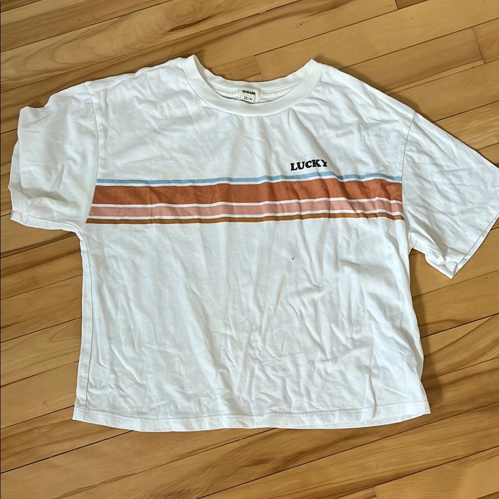 Garage Kids White Tee with Blue and Brown Stripes